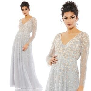 Mac Duggal Long Sleeve Floral Embellished Dress in Light Blue and Cream
